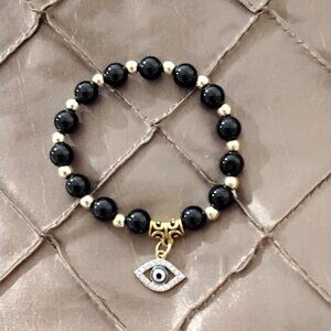 Evil Eye Black Beads Gold Tone Bracelet Stretchable CZ Diamonds Luck Protection